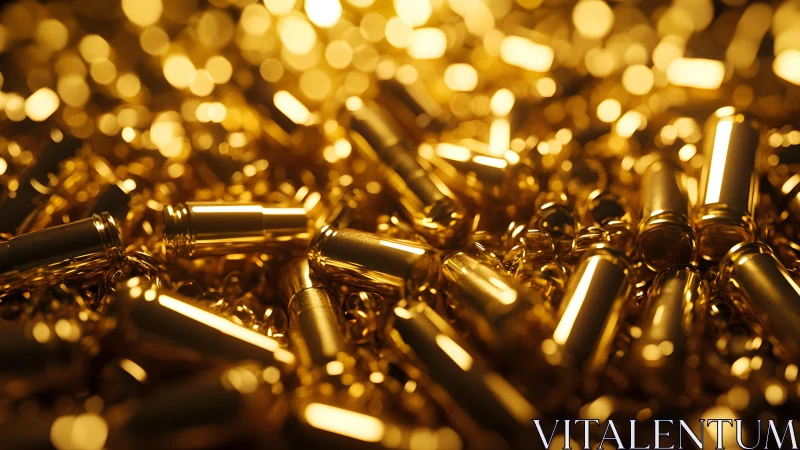 Shiny Brass Bullet Casings in Warm Golden Light, Macro Photography.