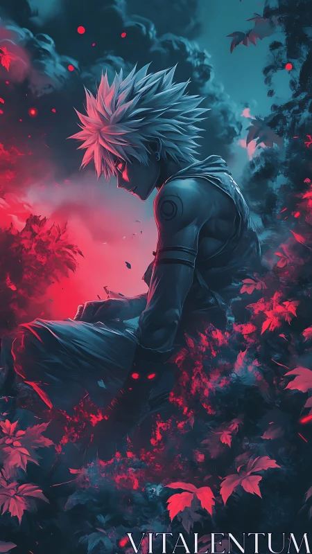 Brooding anime warrior sits amid glowing crimson foliage