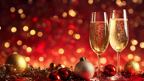 Sparkling champagne flutes with festive red bokeh lights.