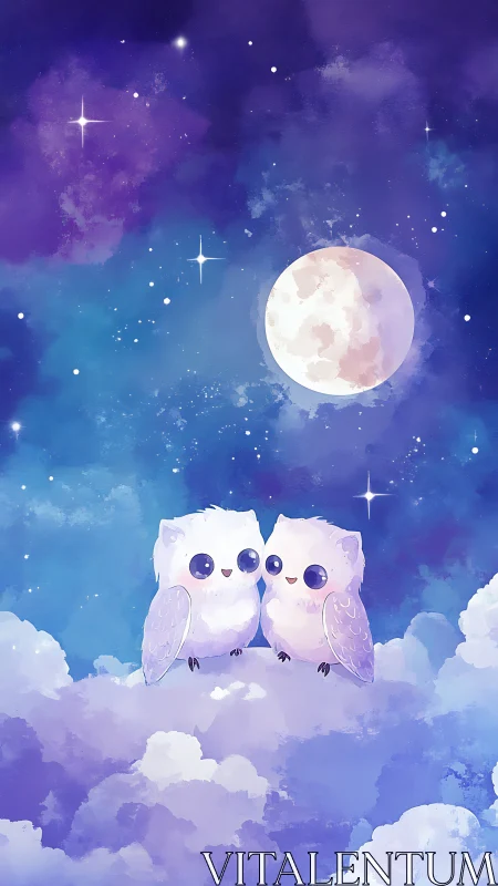 Kawaii pastel owls perched on cloud under luminous full moon