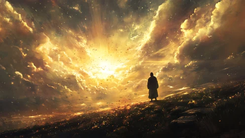 Solitary wanderer greeting a sky of radiant possibility.