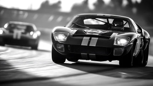 Monochrome front view of vintage race cars on circuit.