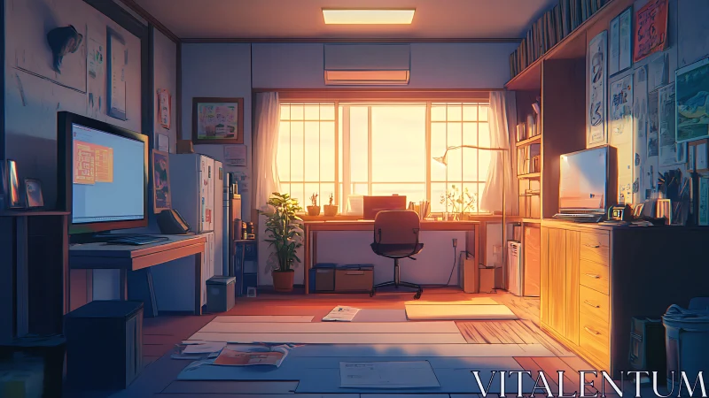 Soft sunset light gently fills a cozy creative studio room