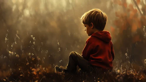 Solitary child in autumn field under warm golden light.