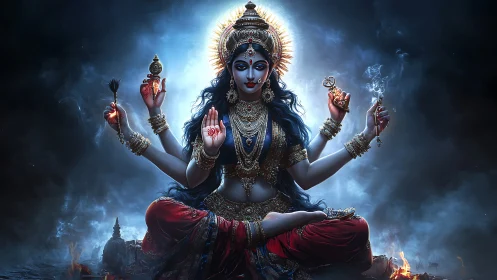 Multi-armed goddess figure in ornate jewelry against dark sky.