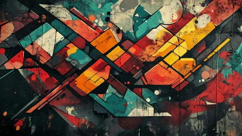 Bold geometric abstract graffiti mural with vibrant colors and urban edge.
