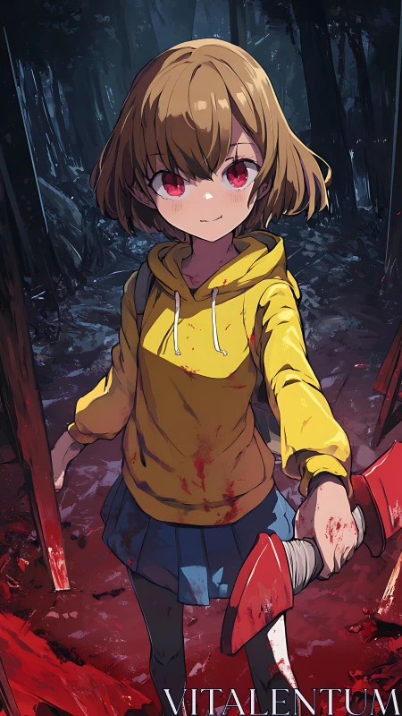 Smiling girl in yellow hoodie holding axe on forest path.