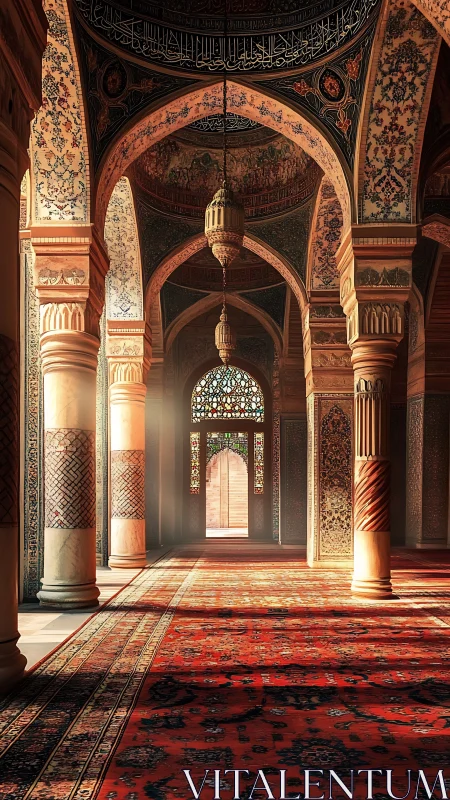 Sunlit Islamic interior with arches, columns and carpets.
