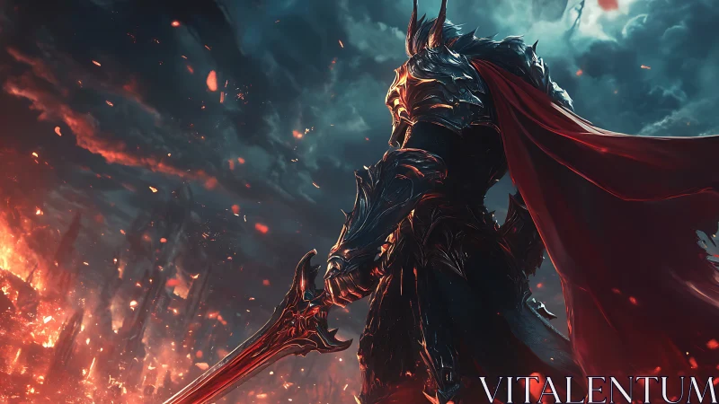 Armored warrior with sword in burning fantasy battlefield.