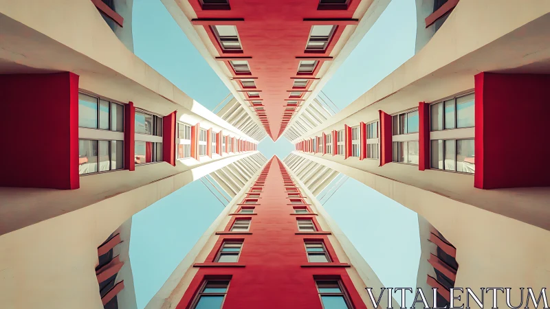 Symmetrical high-rise corridor converges in strong linear perspective