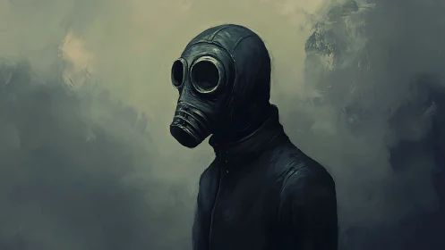 Solitary figure in gas mask within muted toxic haze.