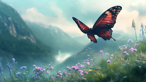 Majestic Butterfly in Vibrant Wildflower Meadow, Dreamy Nature Art.