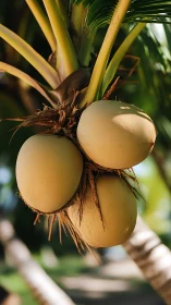 Cluster of young coconuts in sharp daylight with shallow depth