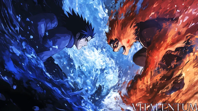 Intense anime duel of blue water versus red fire powers.