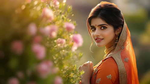Portrait of Indian woman in orange saree with floral bokeh field