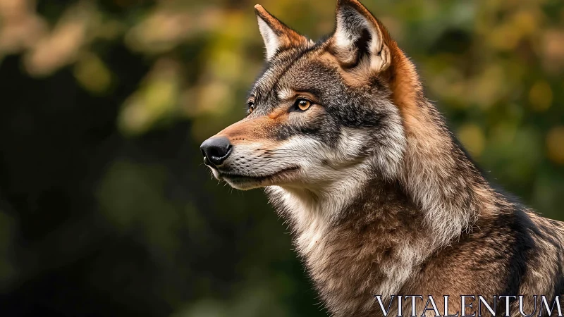 Alert wolf gazes into soft forest light with quiet intensity