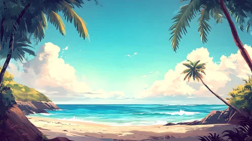 Tropical Paradise Beach at Sunset with Palm Trees