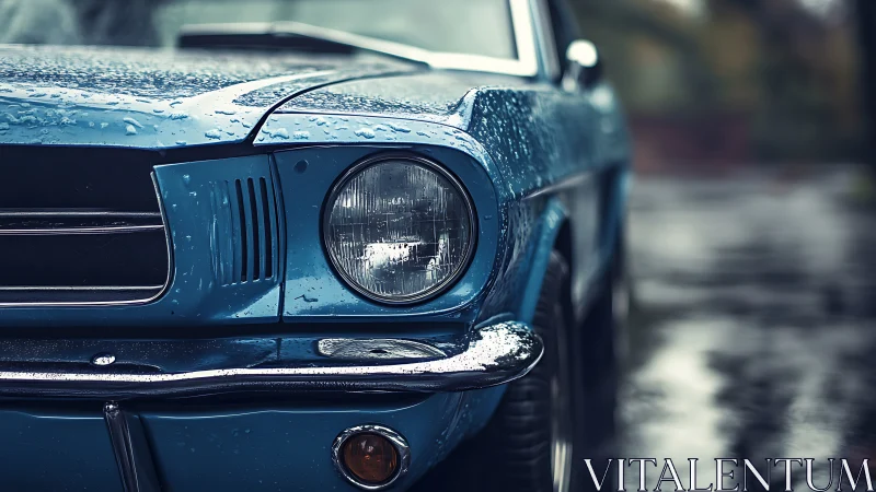 Vintage blue car glowing softly under gentle rainy light.