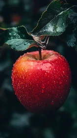Rain-kissed orchard apple glowing against deep green hush.
