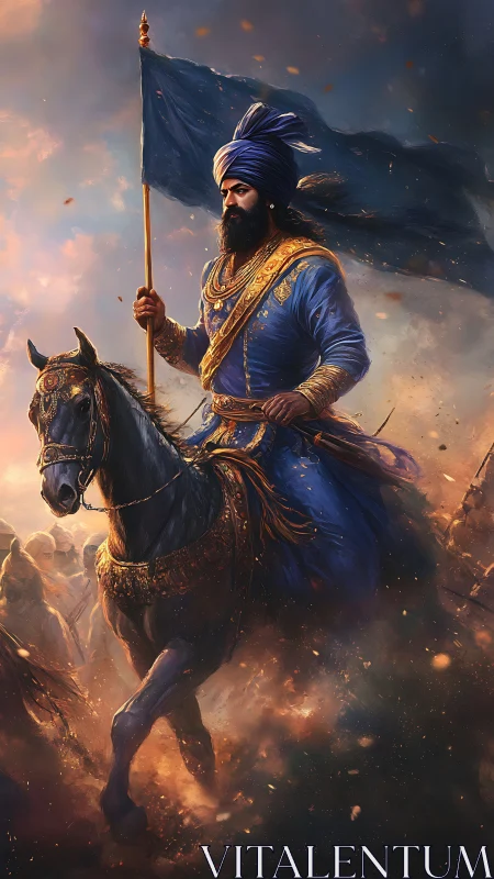 Gallant Sikh warrior rides forward with banner held high