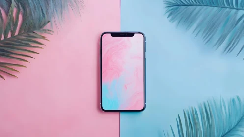 Modern smartphone on pastel split background with tropical leaves.