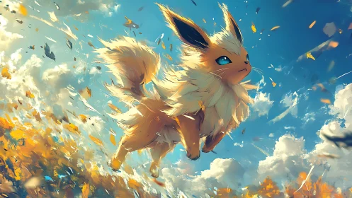 Wind-swept foxlike creature leaping through luminous sky field