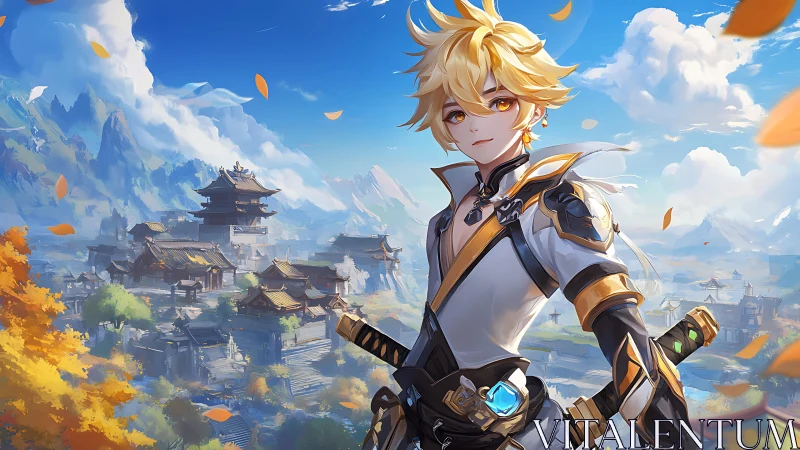 Golden-haired anime swordsman above autumn valley city.
