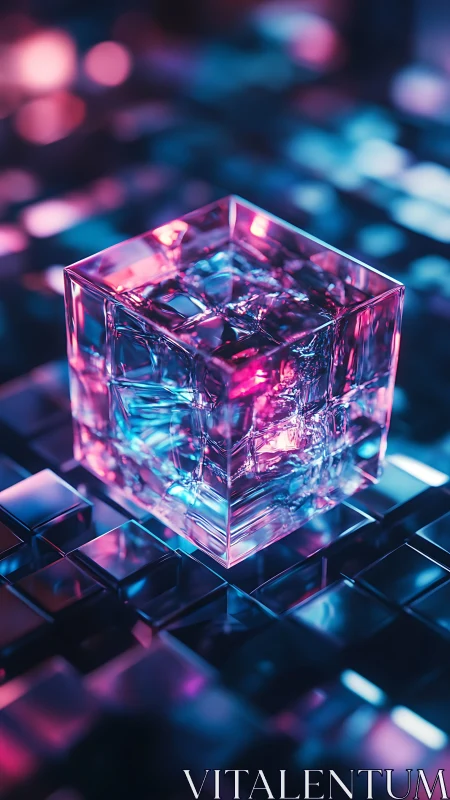 Glowing cracked glass cube on reflective neon grid surface.