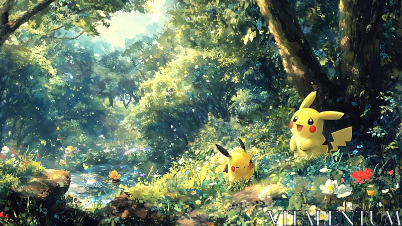 Pikachu rest together in a sunlit enchanted forest glade
