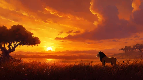 Lone lion in tall grass under expansive orange sunset sky.