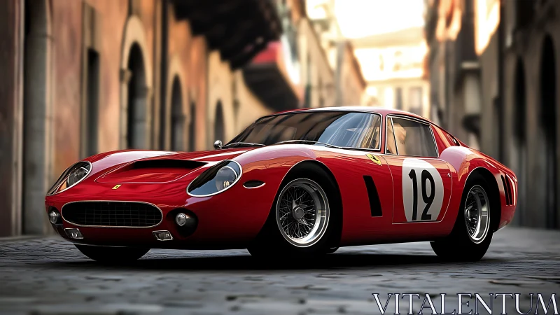 Classic red race car gleams on historic European street.