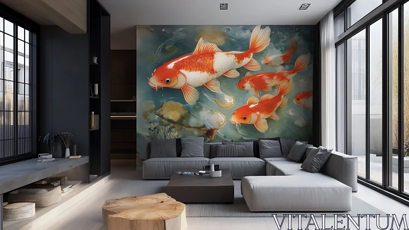 Contemporary living room with oversized koi fish feature mural wall