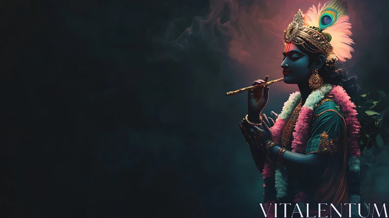 Blue-skinned divine musician with flute on dark background.