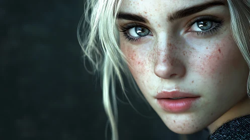 Freckled gaze and silver hair in a quiet, soulful close-up.