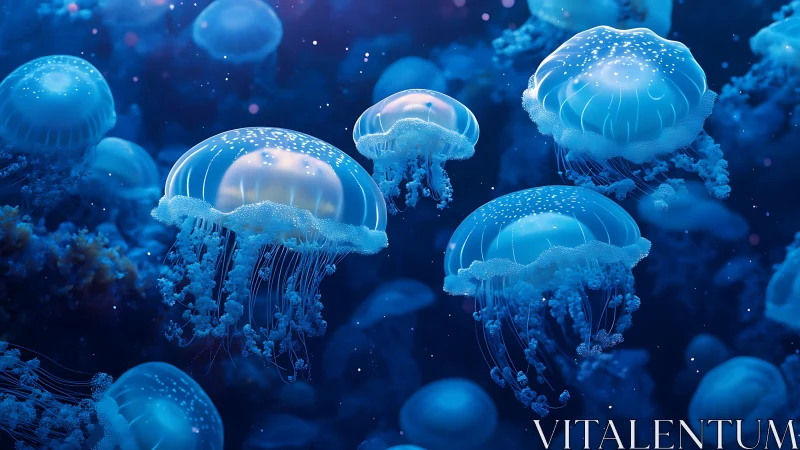 Glowing blue jellyfish drift through deep ocean water.