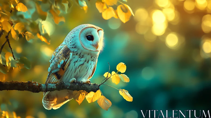 Barn owl perched on tree branch in glowing autumn forest scene.