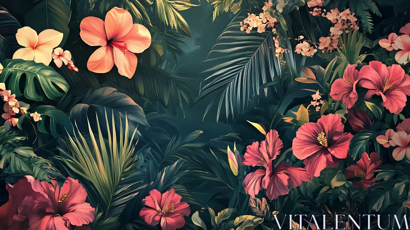 Tropical Floral Garden with Hibiscus and Palm Foliage.