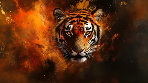 Ember-born tiger visage blazing through molten shadows.