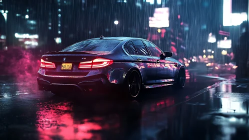 BMW sedan is rendered on wet neon lit street at night
