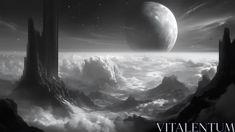 Monochrome extraterrestrial landscape shows planet and spires
