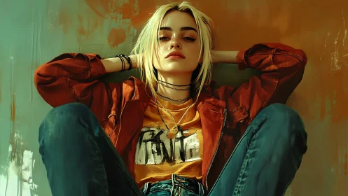 Rebellious blonde teen lounges against a painted urban wall