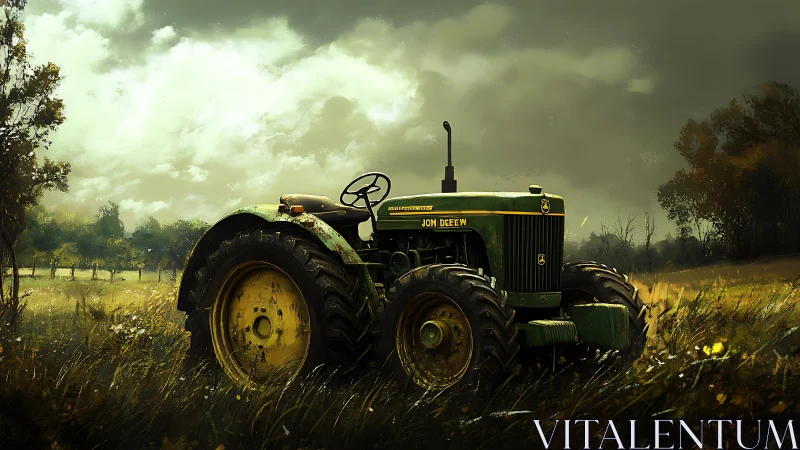 Rural green tractor rendered in moody atmospheric digital painting