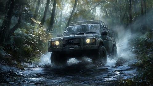 Off-road vehicle moves through wet forest trail at dusk