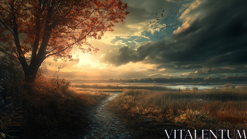 Sunlit rural path beside wetland under dense cloud cover.