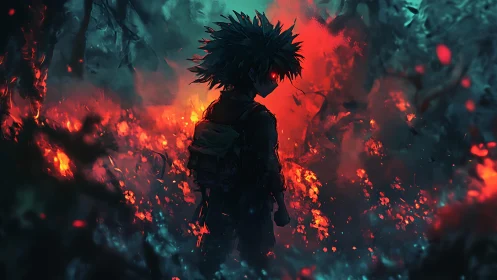 Silhouetted anime boy stands in burning forest at night