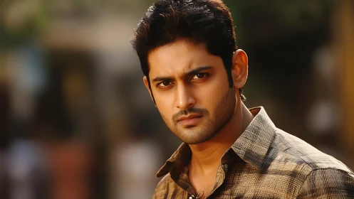 Intense outdoor portrait of a man in warm cinematic light