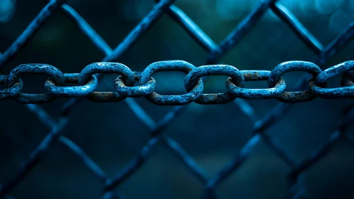 Midnight steel chain suspended in moody blue silence.