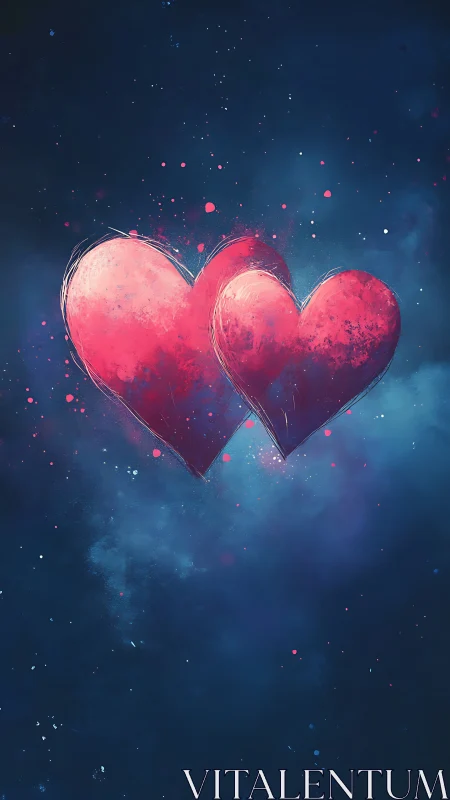 Two Pink Hearts Against Deep Blue Starfield.
