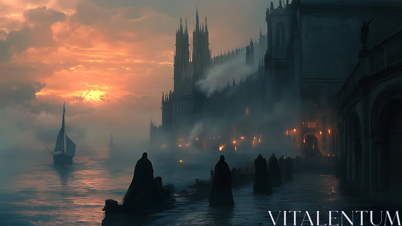 Twilight cloaked figures by a misty riverside citadel.