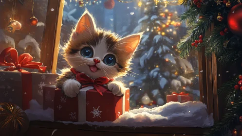 Festive feliform neonate emerging from gift-box aperture.